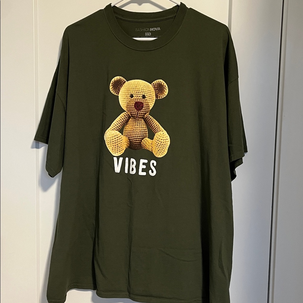 Fashion Nova Olive T-Shirt with Teddy Bear Graphic